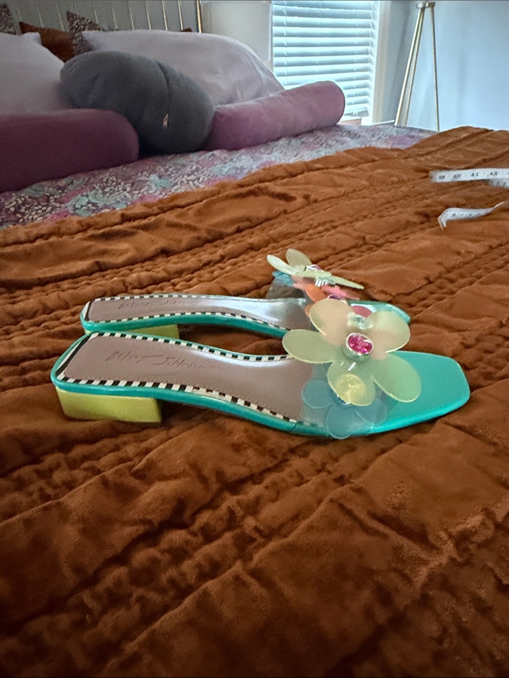 Betsey Johnson Turquoise Floral Jewel Slide Sandals - Picture 3 of 5